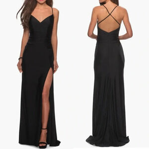 LA FEMME Cross Back Satin Jersey Trumpet Gown 28206 Black Size 6 NWT